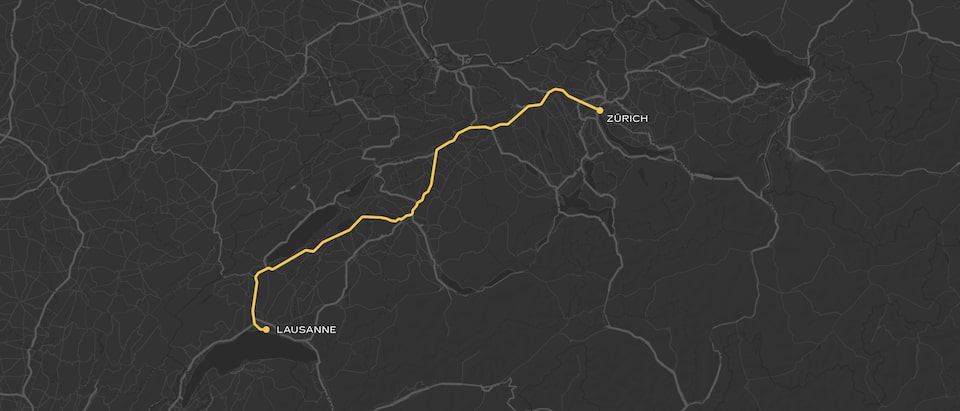 Fahrroute von Zürich nach Lausanne.