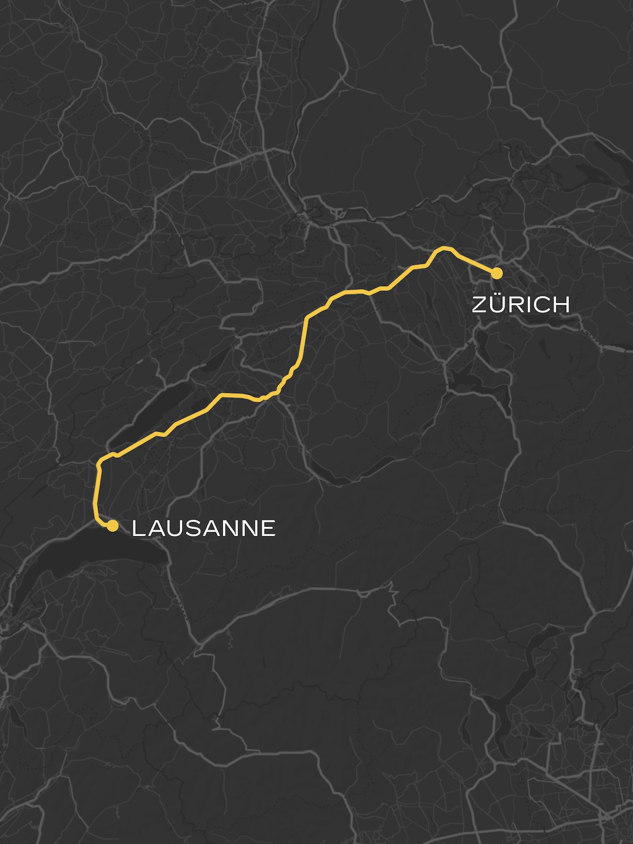 Fahrroute von Zürich nach Lausanne.