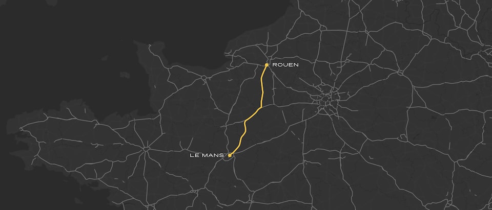 Driving route from Rouen to Le Mans